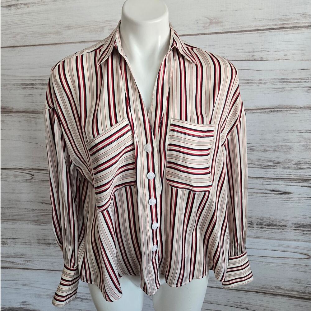 Free People Boxy Fit Stripe White Red, Blue and Taupe Button Down Shirt sz XS